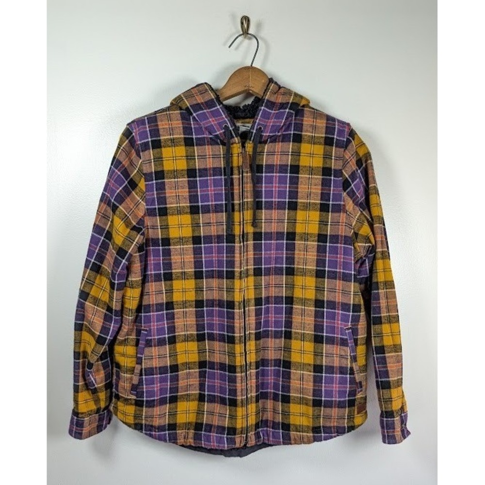 LL Bean Relaxed Fit Sherpa Lined Flannel Hoodie Full Zip Jacket Women Large Cozy